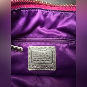 Poppy Coach Purple Satin-Lined Handbag Interior with Metallic Trim. project bag.